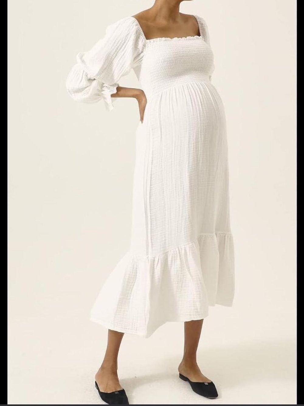 Nothing Fits But- White Smocked Midi Maternity Dress